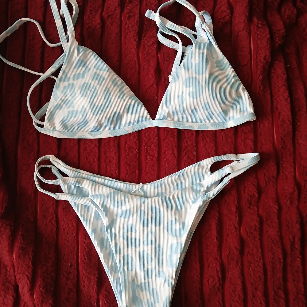 Blue and White Leopard Print Bikini Set